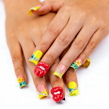 Neon Lip Pop-Neon Yellow Short Duck Press-Ons with 3D Lip & Star Charms