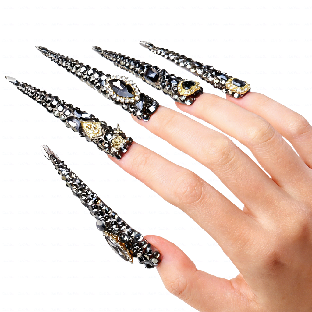 Noir Bling – Gunmetal Black Long Stiletto Press-Ons with Full Rhinestone & Vintage Gold Accents