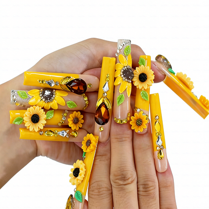 Sunflower Glow-Bright Yellow Long Square Press-Ons with 3D Sunflower & Gem Accents