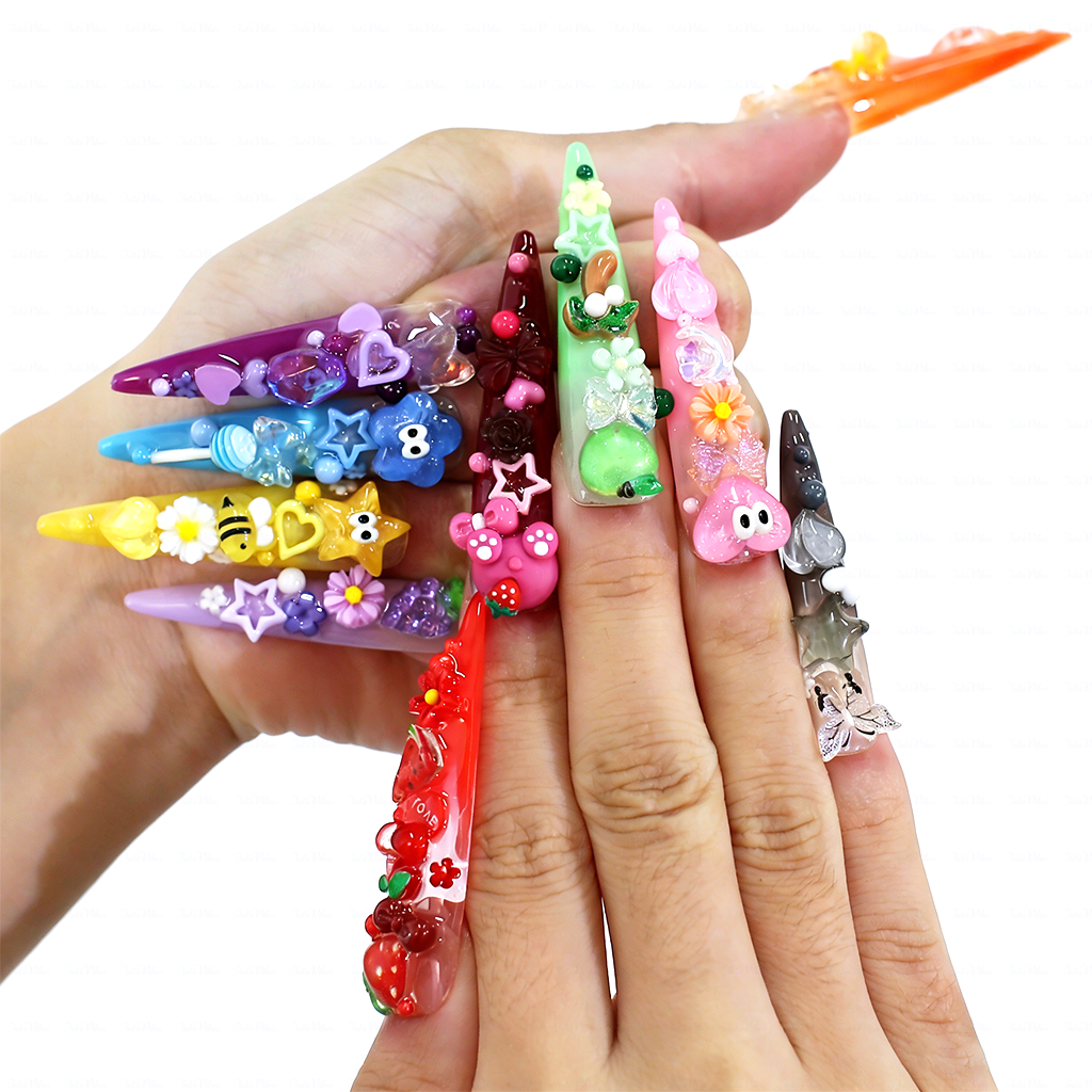 Candy Rainbow-Multi-Color Extra Long Stiletto Press-Ons with 3D Cartoon Fruit & Star Charms
