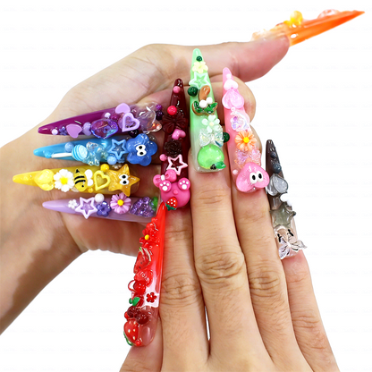 Candy Rainbow-Multi-Color Extra Long Stiletto Press-Ons with 3D Cartoon Fruit & Star Charms