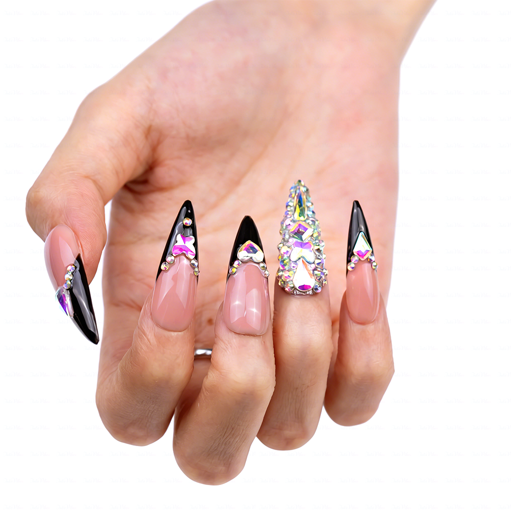 Baddie French – Nude & Black Long Stiletto Press-Ons with French Tips & Iridescent Rhinestone Accents