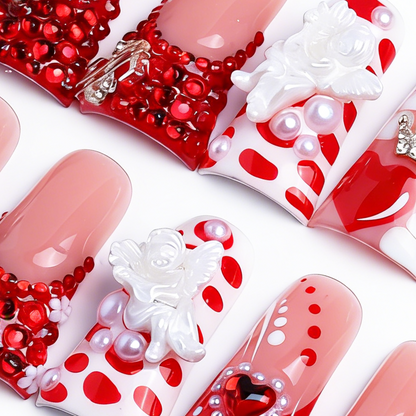 Cherub Heart-Red & Nude Short Duck Press-Ons with Heart Gem & 3D Angel Charms