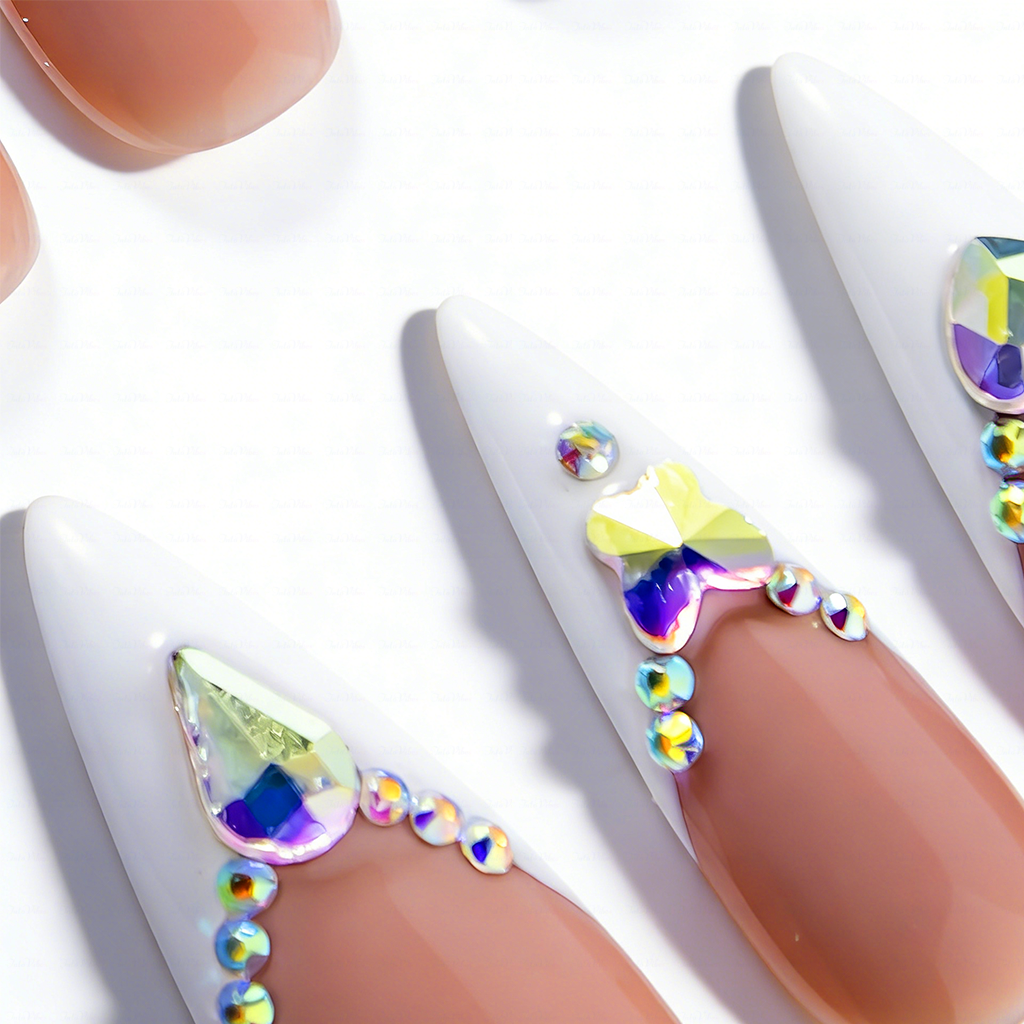 French Glitz – Nude & White Long Almond Press-Ons with French Tips & Iridescent Rhinestone Accents
