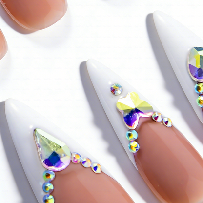 French Glitz – Nude & White Long Almond Press-Ons with French Tips & Iridescent Rhinestone Accents