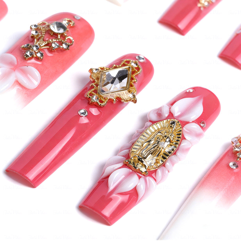 Sacred Floral  Red & White Long Square Press-Ons with Gold Virgin Mary & Flower Charms