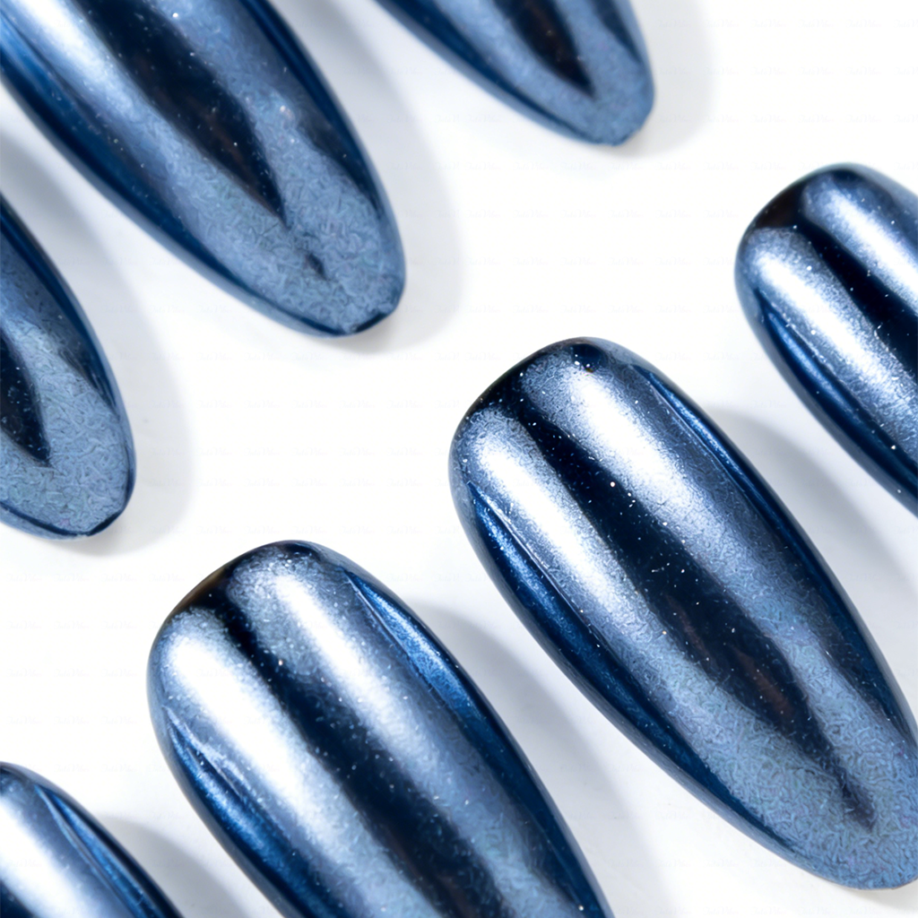 Navy Chrome – Deep Blue Metallic Medium Almond Press-Ons with Mirror Gloss Finish