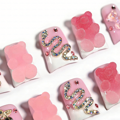 Gummy Princess – Soft Pink & White Short Duck Press-Ons with 3D Gummy Bear & Rhinestone Snake