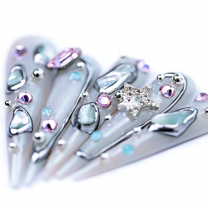 Aurora Crystal – Iridescent Mint Stiletto Press-Ons with Mixed Rhinestone Accents