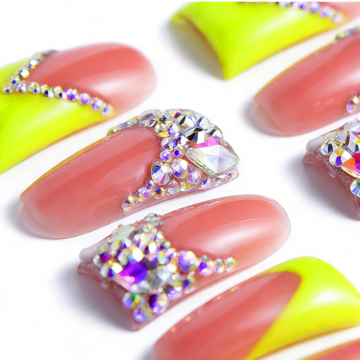 Neon Green V French – Nude & Neon Green Long Duck Press-Ons with Iridescent Rhinestone Accents