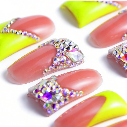 Neon Green V French – Nude & Neon Green Long Duck Press-Ons with Iridescent Rhinestone Accents