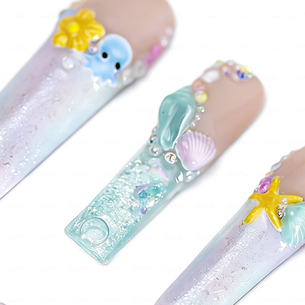 Mermaid Ocean Nude & Blue Long Square Water Press-Ons with 3D Octopus & Seashell Charms