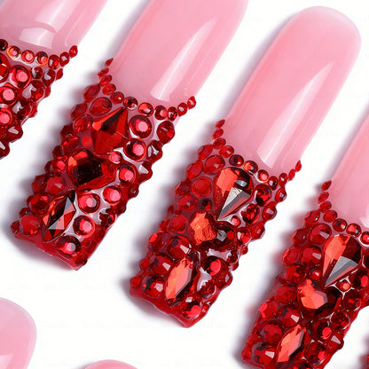 Ruby Red Bling – Nude & Red Long Square Press-Ons with Full Red Rhinestone Accents
