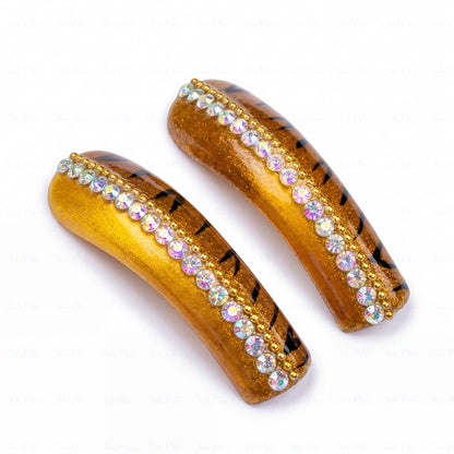 Tiger Glitz-Caramel Brown Long Downward Curved Press-Ons with Tiger Print & Rhinestone Accents