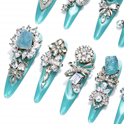 Made-to-Order | Aqua Crystal Princess – Turquoise Glossy Long Stiletto Press-Ons with Silver Rhinestone