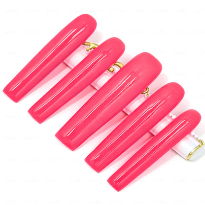 Neon Hot Pink  Bright Pink Long Square Press-Ons with High Gloss Solid Finish