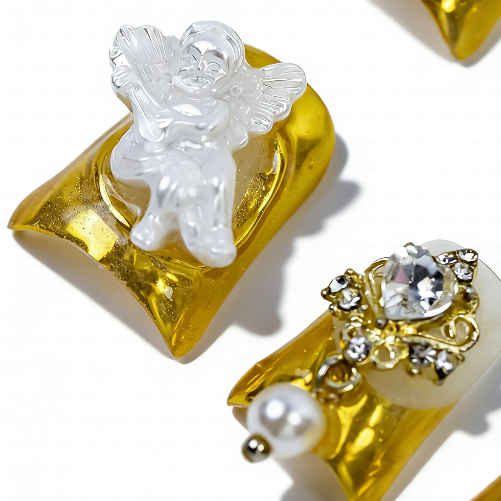 Baroque Angel – Gold & Milky White Short Duck Press-Ons with 3D Angel & Virgin Mary Charms