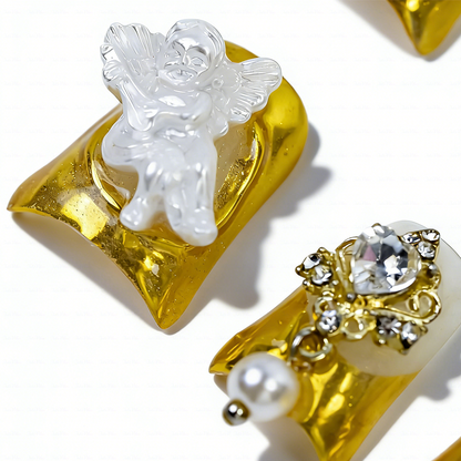 Baroque Angel – Gold & Milky White Short Duck Press-Ons with 3D Angel & Virgin Mary Charms