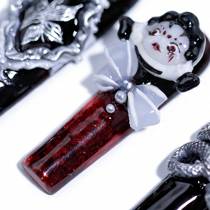 Goth Doll-Black & Red Long Square Water Press-Ons with 3D Doll & Snake Charms