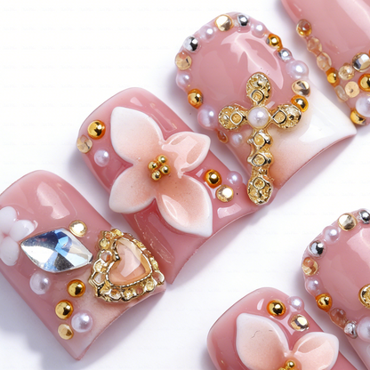 Butterfly Bloom-Nude Pink Short Duck Press-Ons with 3D Floral & Gold Butterfly Charms
