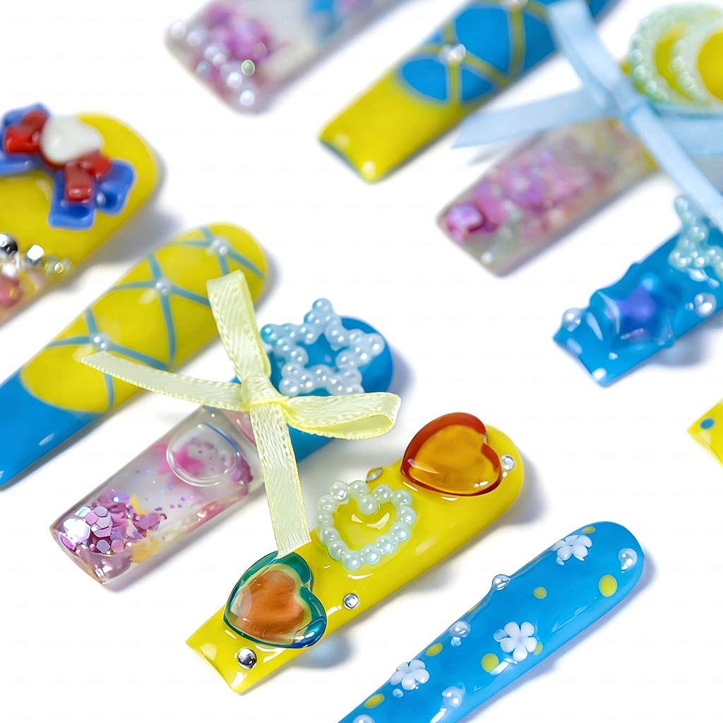 Kawaii Bow  Blue & Yellow Long Square Water Press-Ons with 3D Bow & Moon Charms