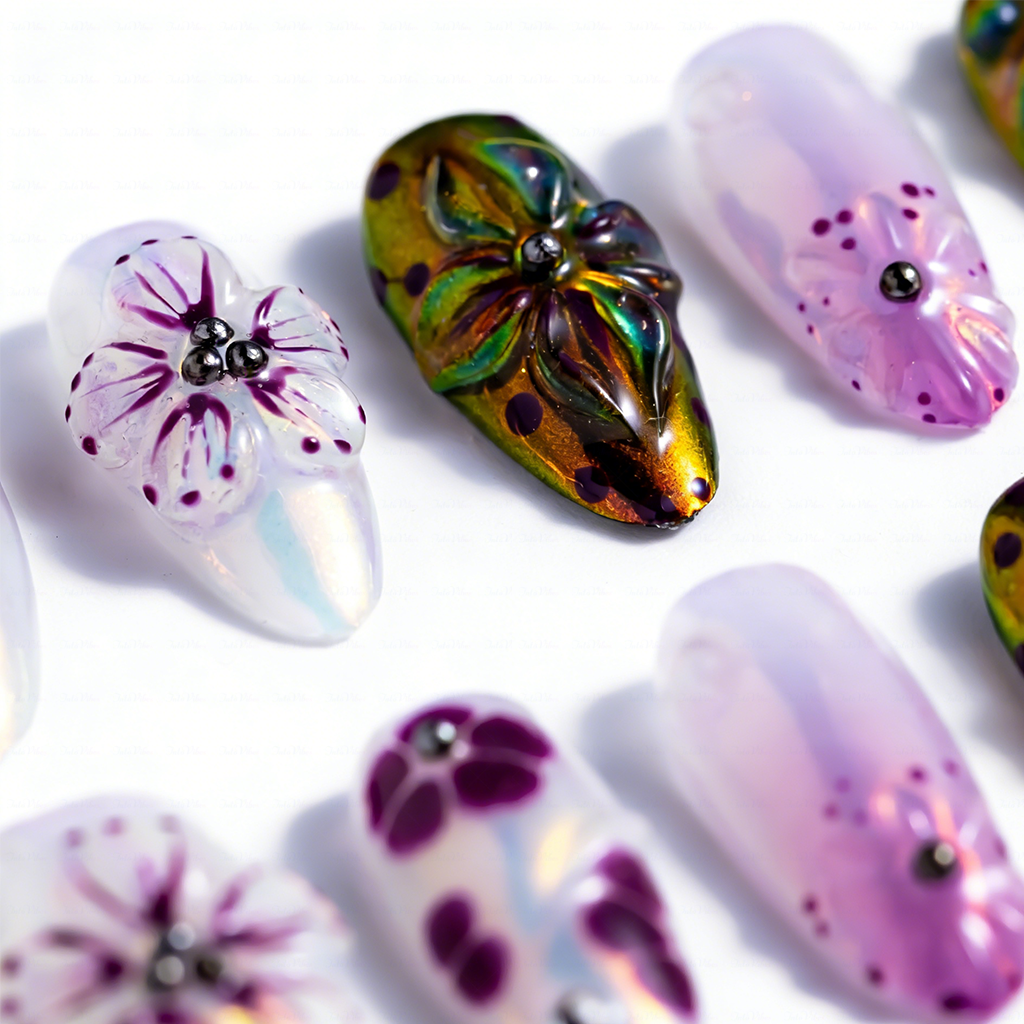 Aurora Flora – Iridescent Purple Medium Almond Press-Ons with 3D Floral & Chameleon Metallic Accents