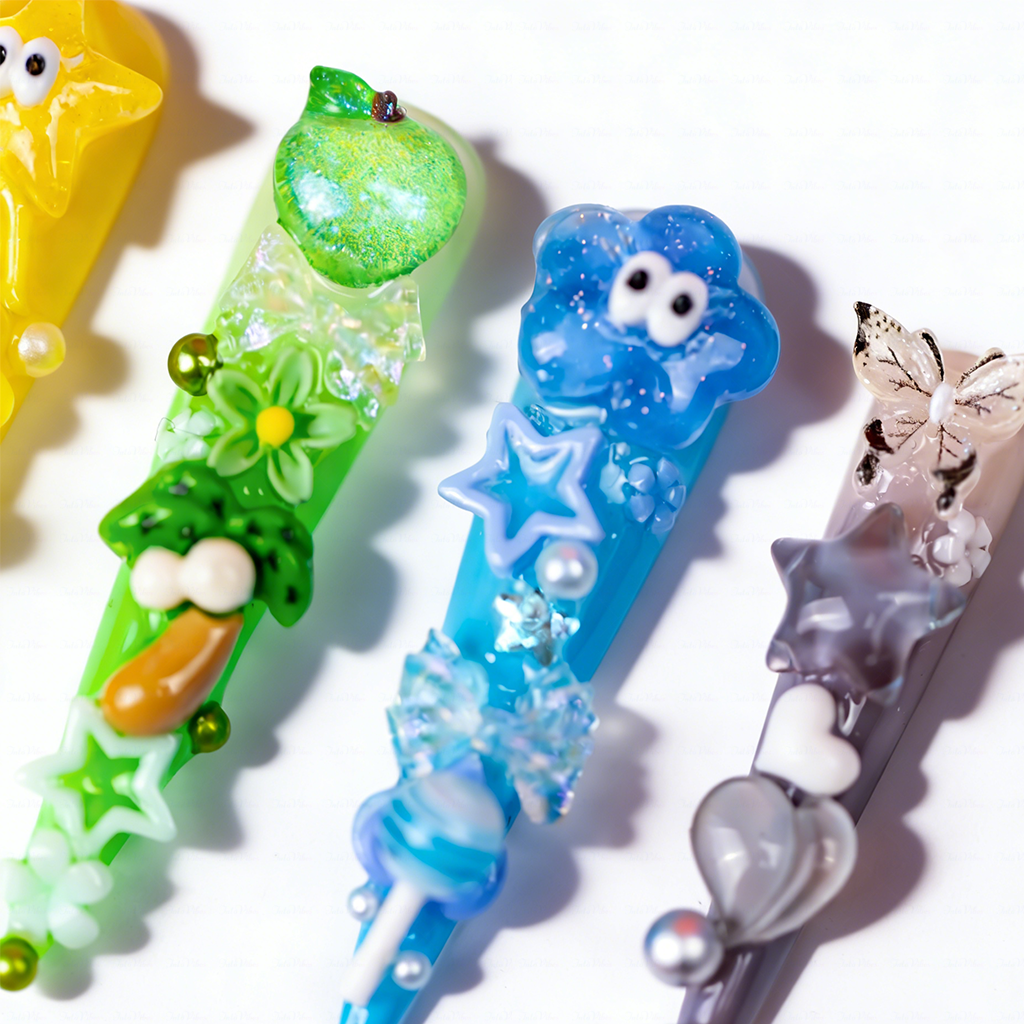 Candy Rainbow-Multi-Color Extra Long Stiletto Press-Ons with 3D Cartoon Fruit & Star Charms