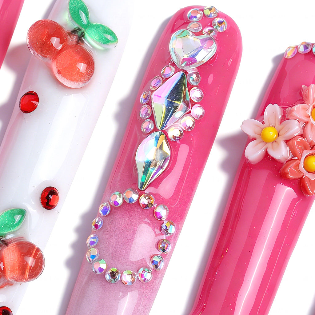 Cherry Blossom  Hot Pink Long Square Press-Ons with 3D Cherry & Flower Charms