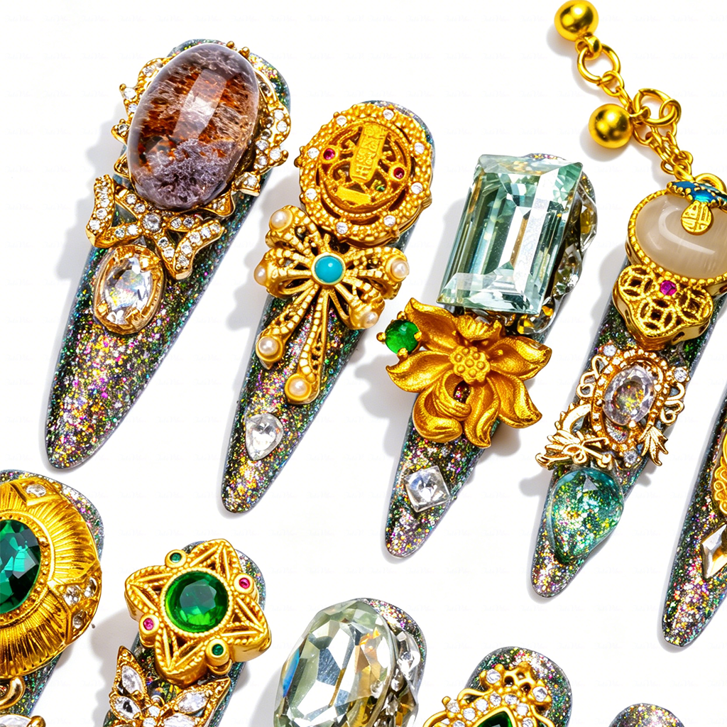 Made-to-Order | Imperial Jade Baroque – Sage Glitter Long Stiletto Press-Ons with Gold Vintage Gem Charms