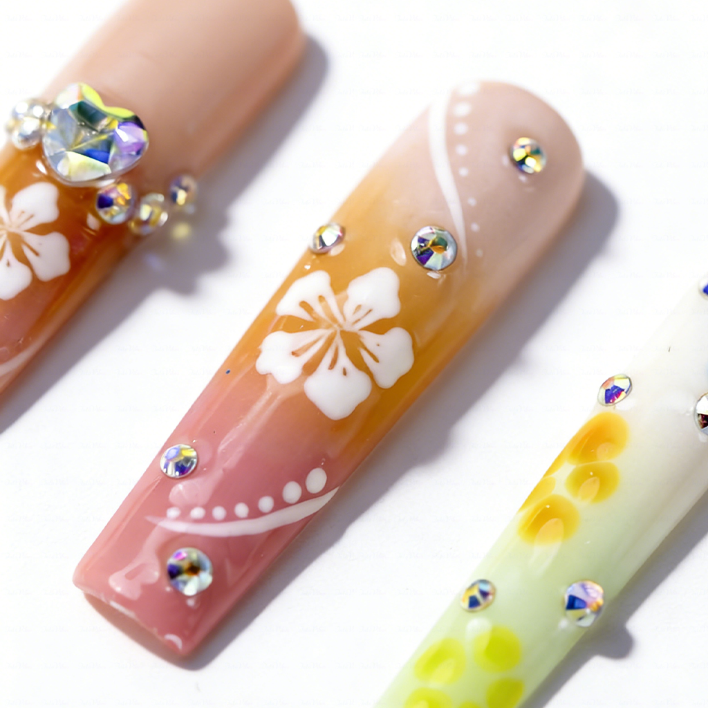 Plumeria Honey Bee  Pastel Rainbow Long Square Water Press-Ons with 3D Flower & Bee Charms