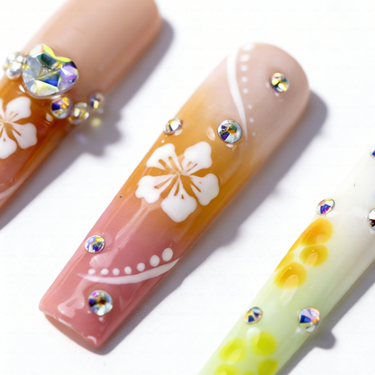 Plumeria Honey Bee  Pastel Rainbow Long Square Water Press-Ons with 3D Flower & Bee Charms