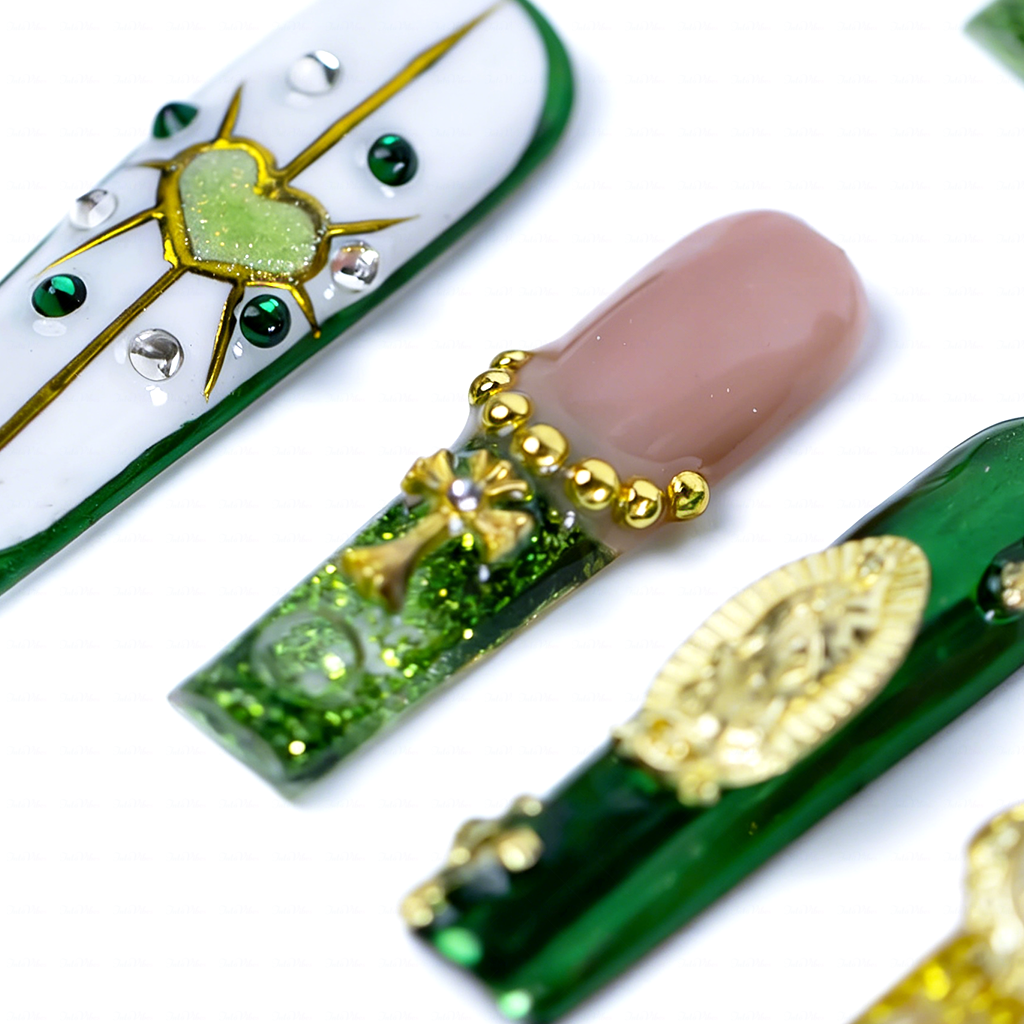 Sacred Green-Emerald & White Long Square Water Press-Ons with Gold Virgin Mary & Cross Charms