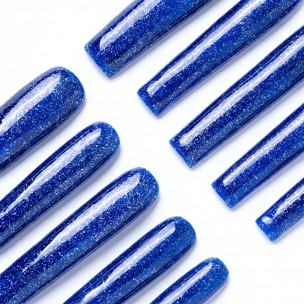 Midnight Galaxy – Deep Blue & Silver Glitter Long Square Press-Ons