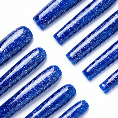 Midnight Galaxy – Deep Blue & Silver Glitter Long Square Press-Ons