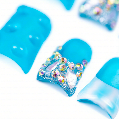 Tide Sparkle – Ocean Blue Short Duck Press-Ons with Starfish & Seashell Charms