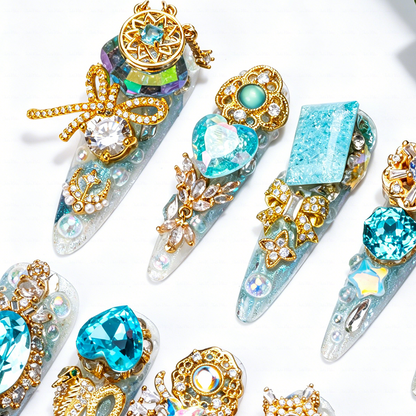 Made-to-Order | Icy Celestial Princess – Iridescent White & Aqua Long Stiletto Press-Ons with Gold Gem Charms