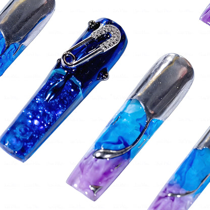 Cyber Blue Blue & Purple Long Square Water Press-Ons with Pin & Cross Charms