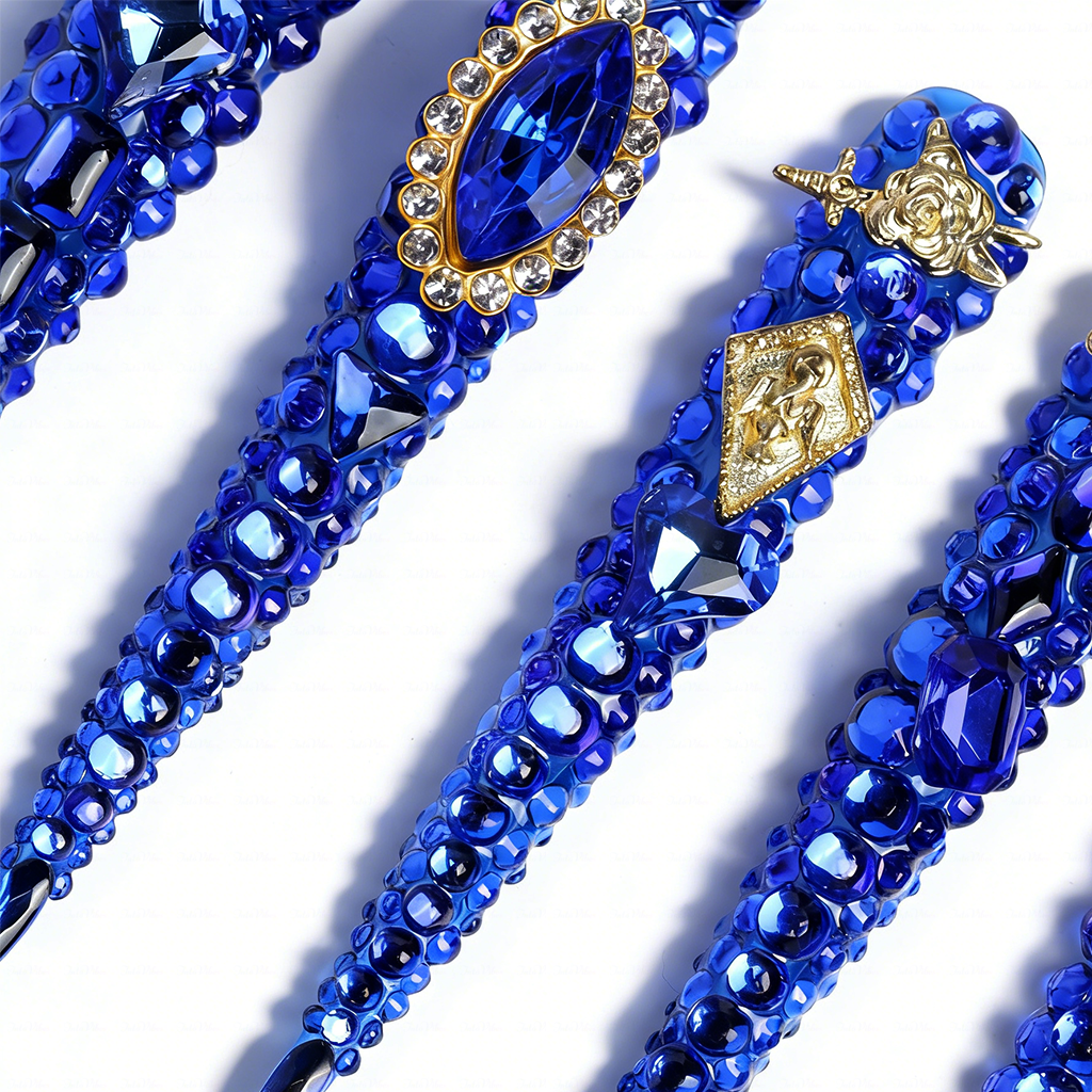 Sapphire Bling-Royal Blue Extra Long Stiletto Press-Ons with Full Rhinestone Encrusted Design