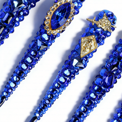 Sapphire Bling-Royal Blue Extra Long Stiletto Press-Ons with Full Rhinestone Encrusted Design