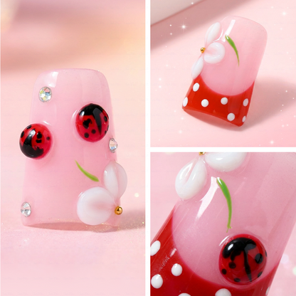 Kawaii Spring Ladybug – Pink & Red Short Duck Press-Ons with 3D Flower Charms