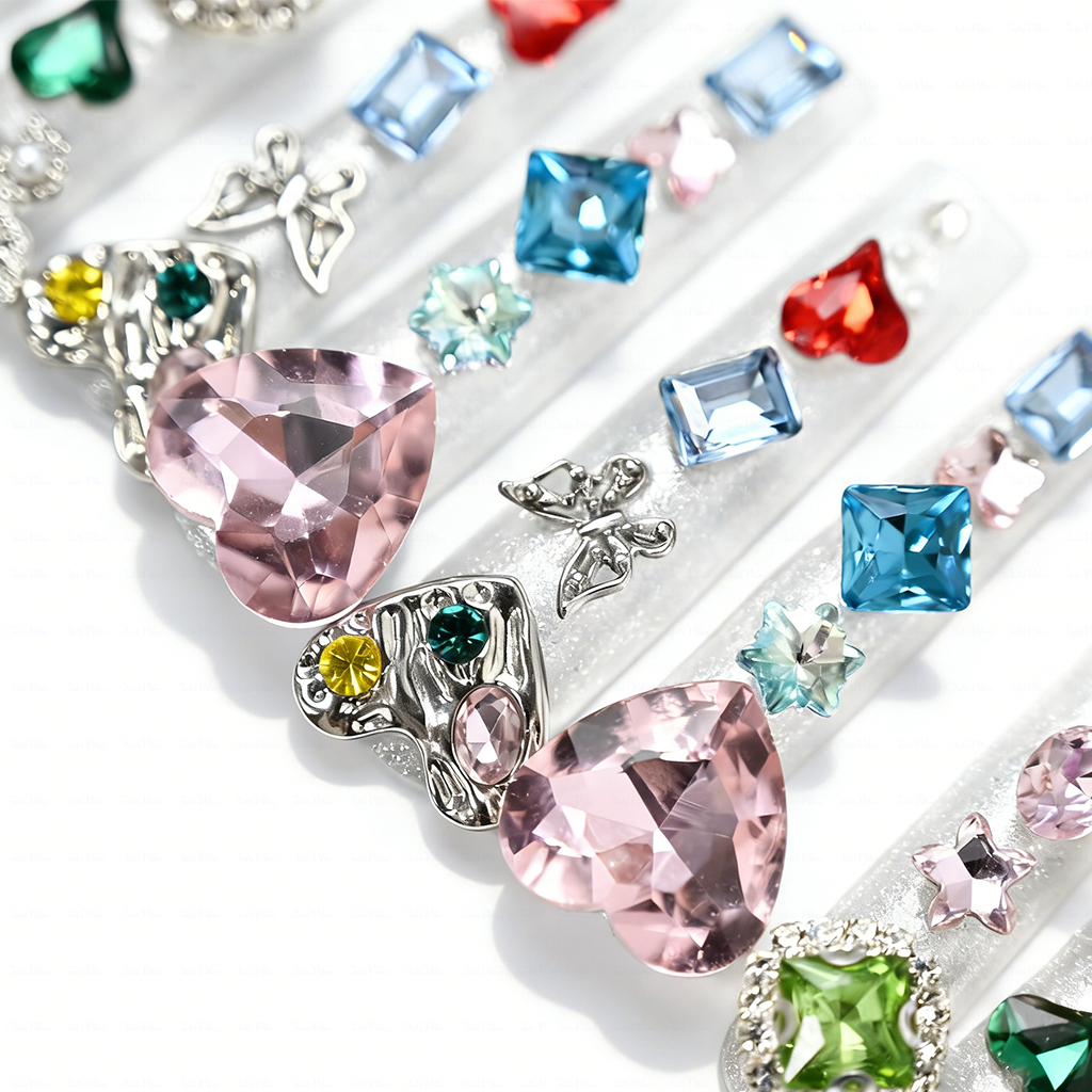 Rainbow Gem-Silver Long Square Press-Ons with Multi-Color Heart & Butterfly Rhinestone Accents