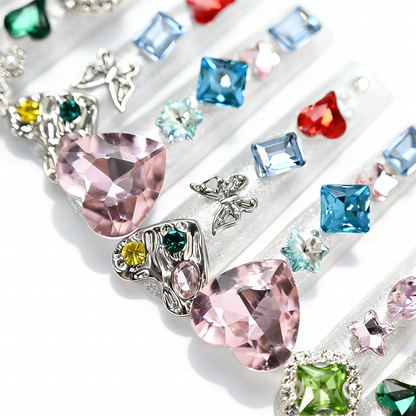 Rainbow Gem-Silver Long Square Press-Ons with Multi-Color Heart & Butterfly Rhinestone Accents