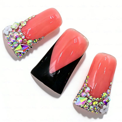 Black V French – Nude & Black Long Duck Press-Ons with Iridescent Rhinestone Accents