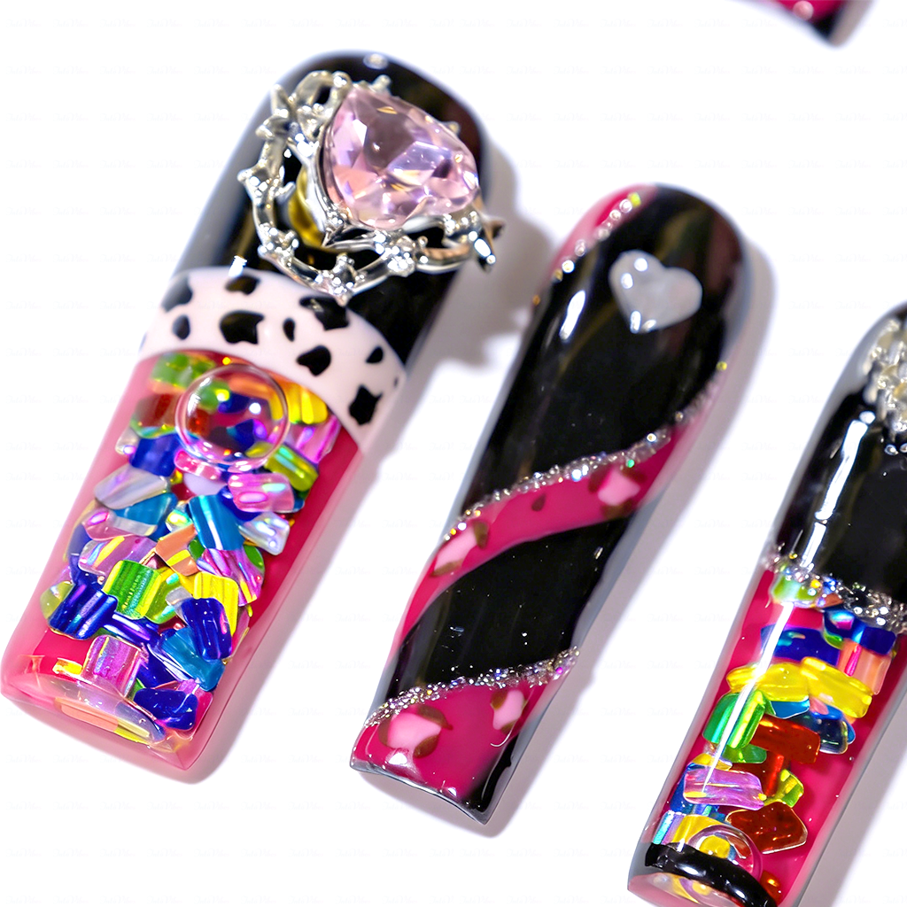 Neon Punk – Long Square Jelly Press-Ons with Heart & Crystal Accents