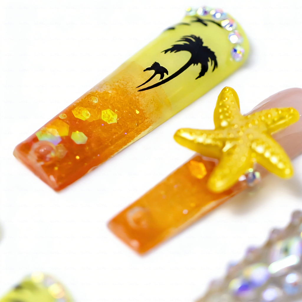 Sunset Beach-Orange & Yellow Long Square Water Press-Ons with 3D Starfish & Palm Tree Accents