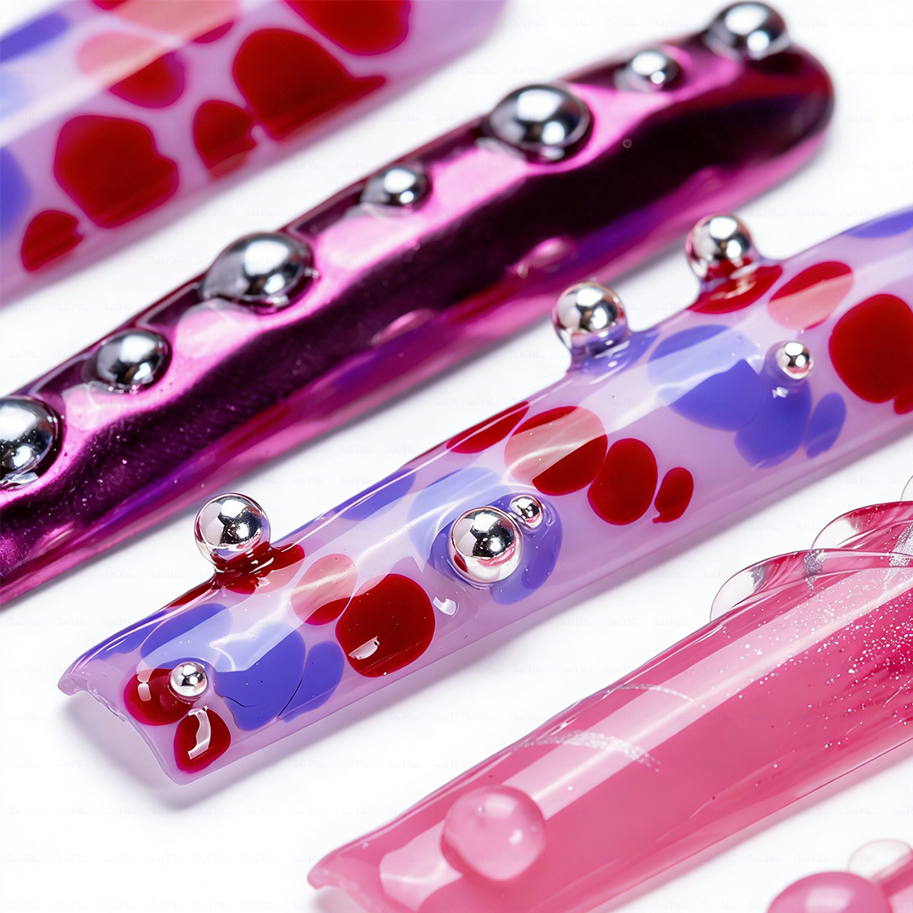 Pink Pop Art – Multi-Tone Long Square Press-Ons with 3D Dot & Stud Accents