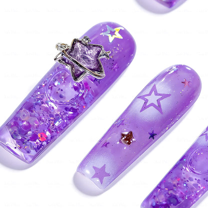 Purple Starry Quicksand  Lavender Long Square Water Press-Ons with 3D Star Charms