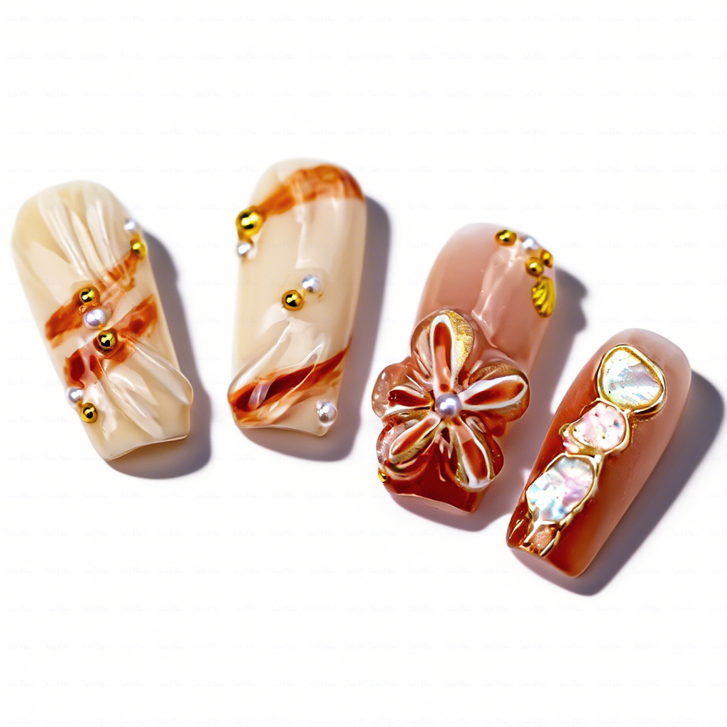 Coastal Pearl – Nude White Short Square Press-Ons with 3D Starfish & Seashell Accents