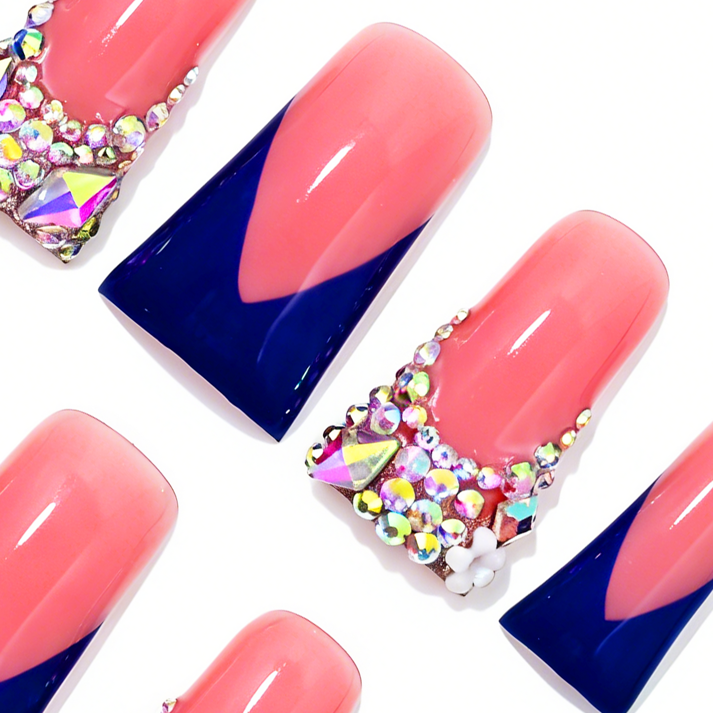 Royal V French  Nude & Navy Blue Long Duck Press-Ons with Iridescent Rhinestone Accents