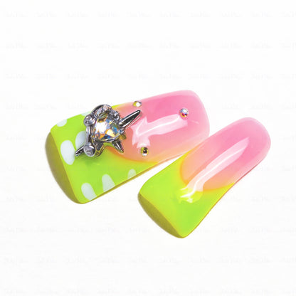 Neon Sweetie-Pink & Neon Green Long Duck Press-Ons with 3D Star & Bow Charms